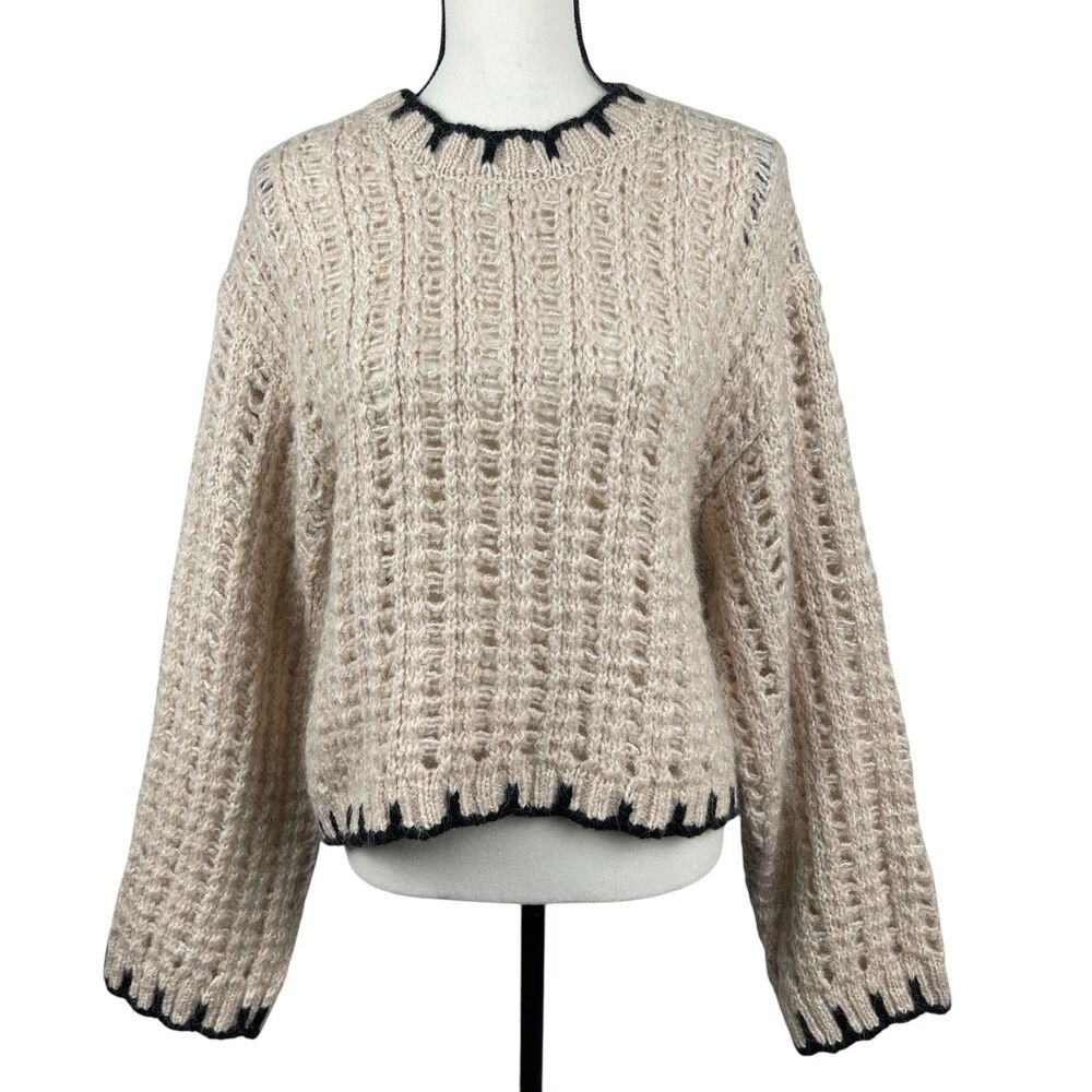 MNG Mango Women’s Chunky Knit Sweater XXL Beige Cropped Crew Neck Long Sleeve